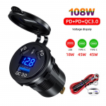 12v/24v 108w USB autolaadija pesa, 3-pordiline kahekordne 45w Pd t&uuml;&uuml;p C & 18w kiirlaadimine 3,0 pistikupesaga auto mootorratta kiirlaadimine