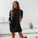 S&uuml;gisene kapuutsiga pikkade varrukatega soliidne kleit Talveriided Naiste vabaaja vaba taskuga minikleit Vestidos Femininos Elegant 30032 XS must