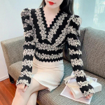 Vintage V kaelusega naiste pitss&auml;rk Moodne puhvis pikkade varrukatega pullover pluusid Naiste elegantsed &otilde;&otilde;nsa tr&uuml;kiga &otilde;hukesed k&auml;rbitud topid 29906 S lilla