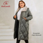 HaiLuoZi 2023 uued naiste talvejoped Suures suuruses pikad soojad parkad Elegentsed karusnahaga kapuutsiga klassikalised tepitud mantlid, naiste 1165 4XL hall v&auml;rv/roheline