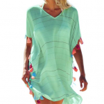 V-kaelusega l&uuml;hikeste varrukatega pooljagatud p&auml;ikesekaitsekleit Triibulise mustriga tutipalliga ujumisriided roheline