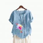 Naiste mood Lilleprinteriga l&uuml;hikeste varrukatega T-s&auml;rk suvine vabaaja &uuml;mmarguse kraega puuvillane linane top Pullover lahtised pluusid S valge