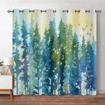 Roheline Mets Aknakardinad Akvarell Puu siluett Loodusmaastik Tr&uuml;kitud kardin magamistoa elutuppa 135W185H(CM)53x73in&Grommet Top