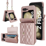 Crossbody Bag nahast telefoni&uuml;mbris Samsung Galaxy Z Flip 5 4 3 5G pika kaelapaelaga rahakoti kaardi kate For Samsung Z Flip5 roosa kuldne v&auml;rv