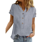 Suvine tavaline retrotaskuline puuvillane linane s&auml;rk naiste vabaaja V-kaelusega l&uuml;hikeste varrukatega &uuml;hev&auml;rviline pluus XL hall