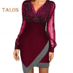 Naiste kevad-s&uuml;gis kleit V-kaelusega laternvarrukatega ebakorrap&auml;rase &auml;&auml;rega l&auml;bipaistev v&otilde;rk pitsidega patchwork &uuml;mbris mini kleit &uuml;le p&otilde;lve pikkusega balli peo jaoks S must