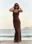 EDOLYNSA Seksikas kootud v&auml;ljal&otilde;igatud tups spagetirihm Bodycon Beach Maxi kleit suvine naiste puhkuseklubi peovarustus ujumistrikoo Cover Up K10 M pruun