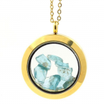 Pierres et Min&eacute;raux. Collier Apatite Paraiba brut. Mod&egrave;le M&eacute;daillon 30 mm. Couleur Or.