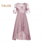 Naiste lillelise pitsiga midi kleit suvine &uuml;mara kaelusega &scaron;ifoonist A-l&otilde;ikeline kleit kokteilipidudeks, &otilde;htuseks &uuml;rituseks, pikk kleit pulmak&uuml;lalisele, pruutneitsile, peole XXL roosa