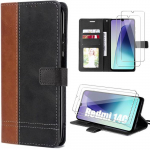 Coque + 2 Verres Tremp&eacute;s pour Xiaomi Redmi 14C, Protection Anti-Rayures Effet Cuir Bicolore Marron/Noir
