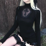 K&otilde;rge kaelusega tume gooti ristikujuline &otilde;&otilde;nes salendav alaosa kootud s&auml;rk naistele Halloweeni kost&uuml;&uuml;m, pikkade varrukatega seksikas T-s&auml;rk naiste topid XL