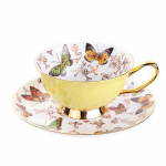 220ML, Peen luukeraamikast teetasside komplekt alustassidega, V&auml;rviline liblika disain Kohvitass Keraamiline tass, Espresso kohvitassi alustass. 220ml kollane