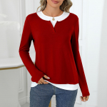Women's solid color casual fashion long sleeved pullover top XL punane