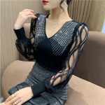 Pitsist aluss&auml;rk naiste moekas topp V-kaelus triikraud teemant T-s&auml;rk pikkade varrukatega 3XL must