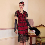 Suur Suurus 1920 Vintage Litspitsiga Kleit K&auml;sit&ouml;&ouml;na Valmistatud P&auml;rlitega Tuttidega Kleit Gatsby Kleit XL punane