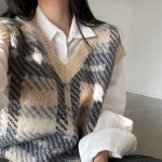 Ruuduline kampsun pullover vest, nais&uuml;li&otilde;pilaste r&otilde;ivad, talvine, korea, vaba, retro, V-kaelus, varrukateta, kootud, pullover vest, kampsun top One Size hall v&auml;rv
