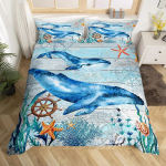 Whales King Queen tekikate Ookeani loomade voodipesukomplekt merevetikate merit&auml;ht Marine Life tekikate Sinine pol&uuml;estrist lohukott US Twin(172x218cm)