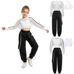 Laste 3-osaline t&auml;navatantsu komplekt: varrukateta risti seljaga vest, cargo p&uuml;ksid ja l&auml;bipaistev v&otilde;rk-crop top Hip Hop'i, jazzi ja lava jaoks 15-16 Years valge