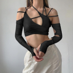 Suvi 2022 Y2k Techwear punk naiste p&auml;itsetega topid Gooti stiilis Egirl Patchwork pikkade varrukatega k&auml;rbitud topp Seksikas l&otilde;igatud vabaaja T-s&auml;rgid 21501 S must