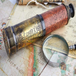 K&auml;sitsi valmistatud teleskoop | Poolnahast nikerdamine | 20 tolli | Funktsionaalne vanaaegne koopia messingist merev&auml;e antiikne silmaklaasist teleskoop