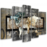 Viieosalise pildiga l&otilde;uenditr&uuml;kk Abstract World Map Grey Brown 100x70 hall v&auml;rv