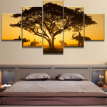 Raamita 5-osaline HD-prindiga suur l&otilde;uendmaal 'Elevant p&auml;ikeseloojangus puu all' kodukaunistuseks, seinadekoratsiooniks 20x35cm*2 20x45cm*2 20x55cm*1