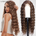 LOUIS FERRE pika s&uuml;gava lainega parukas pruun Highlight Crimps Curl s&uuml;nteetilised juuksed Parukad Pitsiline esiparukas naistele igap&auml;evaseks beebijuuksega