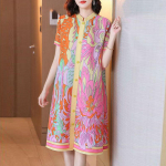 Plisseeritud Slim Suvine ja Kevadine Kleit Naiselik Vabaaja Lahtine Naiste Mood Prindiga L&uuml;hikeste Varrukatega P&uuml;stkrae Kleit Naiselik &Uuml;laosa XL roosa