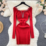 &Scaron;ikk elegantne soliidne kootud &uuml;hes t&uuml;kis naiste kleit, ruudu kaelus, pikkade varrukatega vintage Bodycon kampsun, naiste seksikas mood &otilde;hukesed vabaajakleidid 2024 S punane