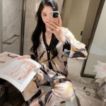 Print Fashion Naiste pidžaamakomplekt Ice Silk pikkade varrukatega printimisriided M kollane