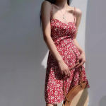 Prantsuse retrot&uuml;druku V-kaelus, punane lilleline Camisole kleit, &otilde;hukese v&ouml;&ouml;kohaga seotud l&uuml;hike seelikkleit XL punane