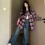 Vintage ruudulised s&auml;rgid naistele Kevadine vabaaja naiste pikkade varrukatega s&auml;rk Naiste High Street Oversized top S roosa