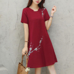 Fashion Women Summer Short Sleeve knee length Printing Dress XXXL punane