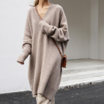 S&uuml;gis- ja talvine naiste V-kaelusega kootud kampsun Keskmise pikkusega avar sviiter Pullover kampsun-kleit One Size khaki