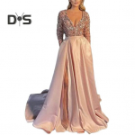 Naiste &otilde;htukleit Madala l&otilde;ikega V-kaelusega l&auml;ikiv litriga liibuv k&otilde;rge v&ouml;&ouml;koht, l&otilde;hestatud &auml;&auml;ris, joon, suur kiik, p&otilde;randapikkus, satiin balli&otilde;htu kleit, pulmapeokleit daami maxi L roosa