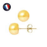 PERLINEA - Boucles d'Oreilles - V&eacute;ritables Perles de Culture d'Eau Douce Boutons 8-9 mm Gold - Bijoux Femme - Or Jaune