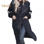 Naiste talvemantel kapuutsi ja k&uuml;ljetaskutega, lapiline silmkoeline varrukas, pealisr&otilde;ivad kirjamustriga lahti keskmise pikkusega n&ouml;&ouml;riga v&ouml;&ouml;koht &uuml;hev&auml;rviline mantel S aprikoosi