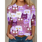 Moedisain Naiste T-s&auml;rgid 3D Prindiga Kawaii Cat Graphics Pikkade varrukatega P&ouml;&ouml;ratud kaelaga Tavap&auml;rased Kevad/s&uuml;gis &otilde;hukesed spordir&otilde;ivad 5XL