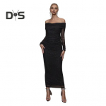 Daami &Otilde;htukleit Avatud &Otilde;laga Pikkade Varrukatega V&otilde;rkpitsiga Plisseeritud Ristuv Bandoo Slim Fit Ballikleit Pulmapeoks Kokteilikleit Maksikleit L must