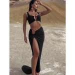 Beyprerni ilus k&otilde;rge piluga kuldse metalli detailse kaheosaline seelikukomplekt puhkuseriietusele suvine rannatuunika kleidid &ouml;&ouml;klubiriided S must