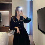 Uus S&uuml;gis Must Peeter Paani Kraega Kleit Naiste Prantsuse K&otilde;rgekvaliteediline Elegantne Pikk Kleit Taljet r&otilde;hutav Salendav Audrey Hepburni Stiilis Kleit S must
