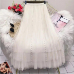 Spring New Sarong Pleated Mesh Half-body Skirt Women's Mid-length Skirt High Waist Thin Draped Long Skirt One Size valge