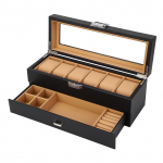 Kellakarp 6 kohaga 2-kihiline must s&uuml;sinikkiust PU-nahast kella- ja ehtehoidla-organisaator koos