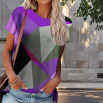 Naiste suvine geomeetriliste mustritega T-s&auml;rk, retroh&otilde;nguline l&uuml;hikeste varrukatega s&auml;rk, vabaaja tr&uuml;kitud topid XS lilla
