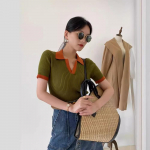 Prantsuse polokraega kontrastv&auml;rviline kootud kampsun naiste suvise temperamendiga, slim fit, l&uuml;hikeste varrukatega, &otilde;huke ja ni&scaron;&scaron; T-s&auml;rk-top S roheline