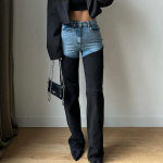 Streetwear Vintage Spleissitud Kitsad Teksap&uuml;ksid Naistele Y2K Mood K&otilde;rge V&ouml;&ouml;koht Sirged Denim P&uuml;ksid Vabaaja Kulutatud Pesus Teksap&uuml;ksid L sinine/must