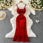 Suvised Naiste Vintage Spagetirihmadega Litritega Sametist Pikk Midi Slim Bodycon Peo Merineitsi Kleit M punane