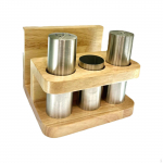 and Pepper Shaker Set Condiment Jars with Base Accessories Toothpick Holder Napkin for Stainless Steel Wood