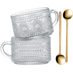 Vintage klaasist kohvitasside komplekt 2 tk - 14 untsi selged reljeefsed teetassid cappuccino, latte, hommikuhelbe, jogurti, joogi jaoks 401-500ml