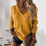 Vintage lahtise V-kaelusega naiste kampsun pikkade varrukatega &uuml;lem&otilde;&otilde;duline kootud pullover s&uuml;gis-talv elegantne Harajuku džemper kudumid L kollane